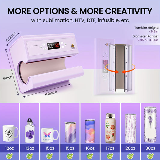 Auto Tumbler Heat Press Machine 30oz Mug Press Automatic Rotation Full Print, Temp & Time Setting, Cup Transfer Machine for 11-30oz Ceramic, Glass, with Sublimation Papers, Heat Tape & Gloves