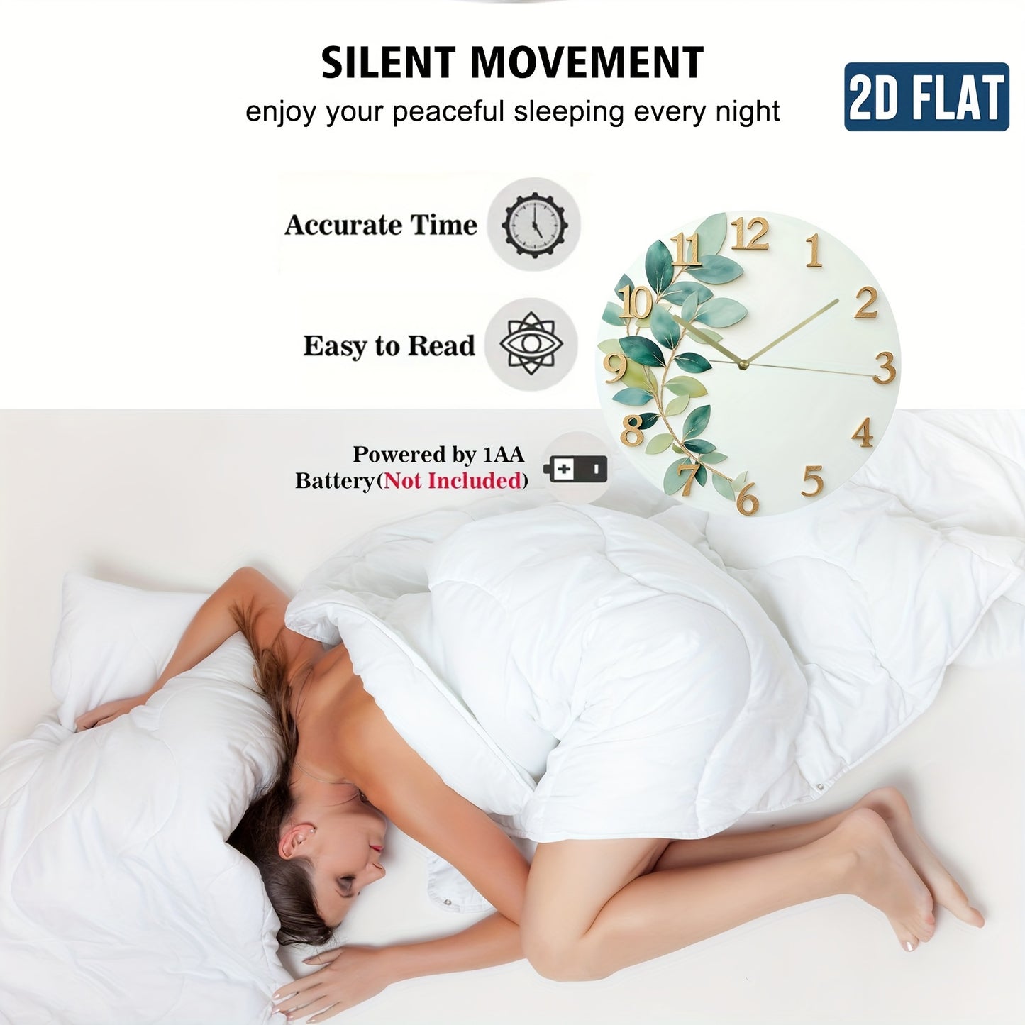 2D Flat Green Leaf Theme Design, Silent Wall Clock for Home Living Room Creative Fashionable Bedroom Hanging Clock Without Battery, 2D Flat