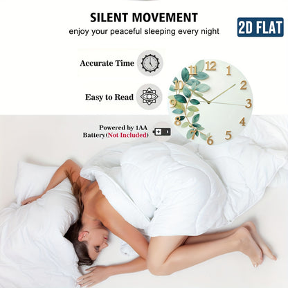 2D Flat Green Leaf Theme Design, Silent Wall Clock for Home Living Room Creative Fashionable Bedroom Hanging Clock Without Battery, 2D Flat