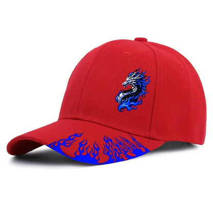 1pc Black Baseball Cap with Blue Flame Dragon Print - Adjustable Street Style Outdoor Sports Hat for Men, Curved Brim Design, Casual Streetwear Accessory | Flame Motif Cap | Adjustable Baseball Cap