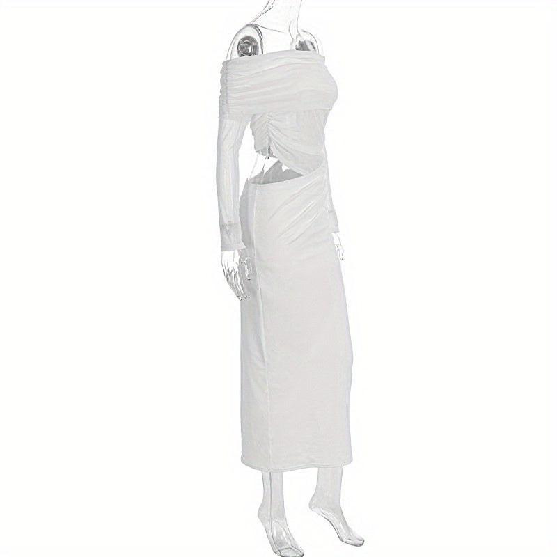 Women'S Elegant White Off-Shoulder - Mesh Long-Sleeve Mermaid/Trumpet Mermaid Maxi Dress - Sexy Sheer Formal Evening Gown with Waist-Cut Silhouette, Solid Color Party Wedding Gala Evening Dress for Women - Structured Fit & Fl