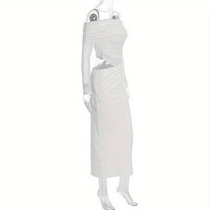 Women'S Elegant White Off-Shoulder - Mesh Long-Sleeve Mermaid/Trumpet Mermaid Maxi Dress - Sexy Sheer Formal Evening Gown with Waist-Cut Silhouette, Solid Color Party Wedding Gala Evening Dress for Women - Structured Fit & Fl