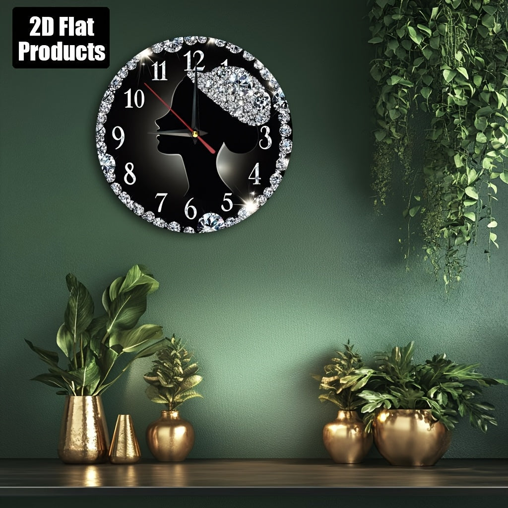 2D Flat 1pc Diamond Woman Silhouette Wall Clock, 9.8" Round Wooden Kitchen Decor with Sparkling Rhinestones, Easy to Read, Silent, No Drip, Requires 1 AA Battery, Bedroom, Office, Bedroom Wall Clock | Elegant Wall Clock | Woo