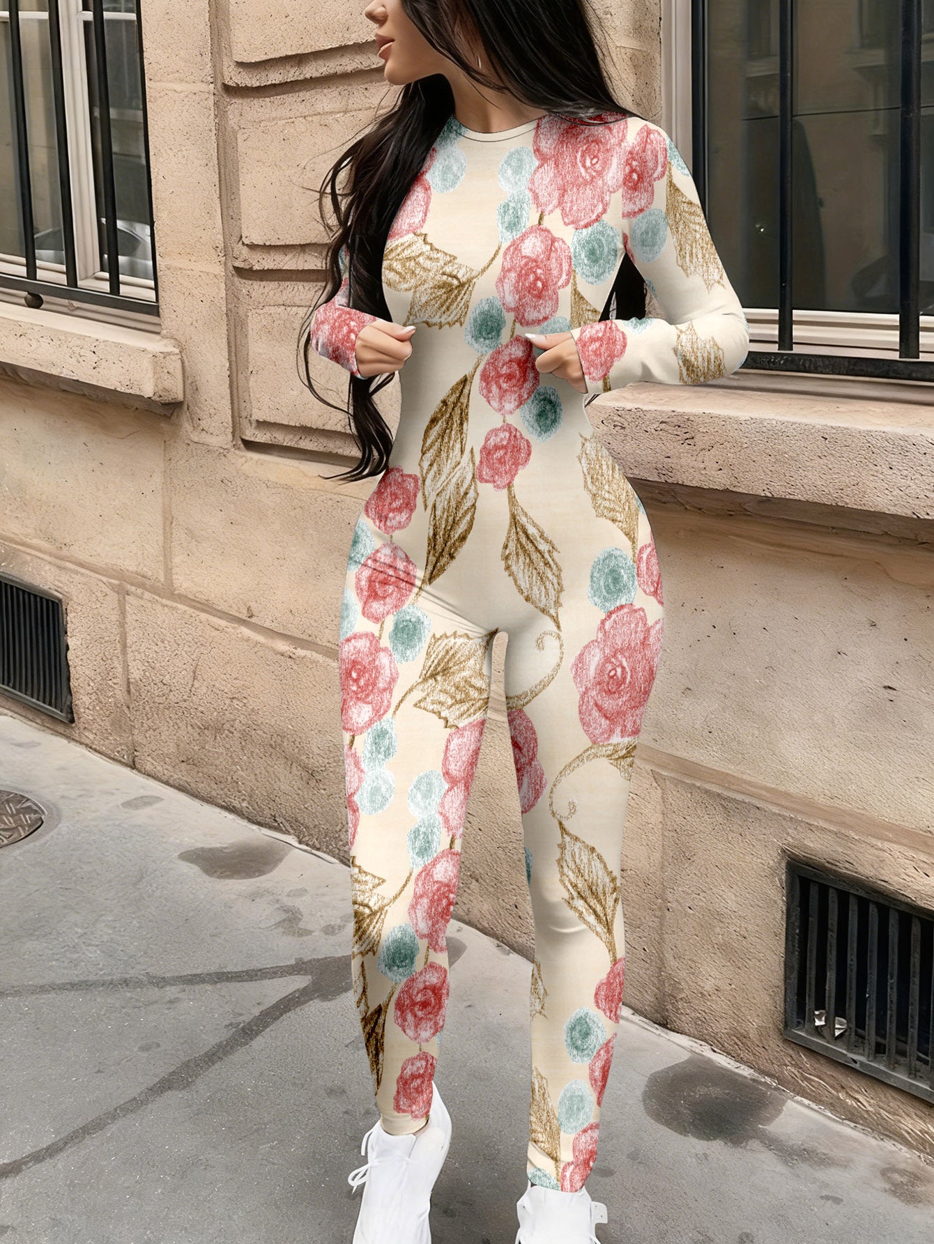 Asual Fashionable Sexy Long Sleeved Tight Fitting Jumpsuit Autumn Women's Trendy Printed Jumpsuit Top Women's Clothing