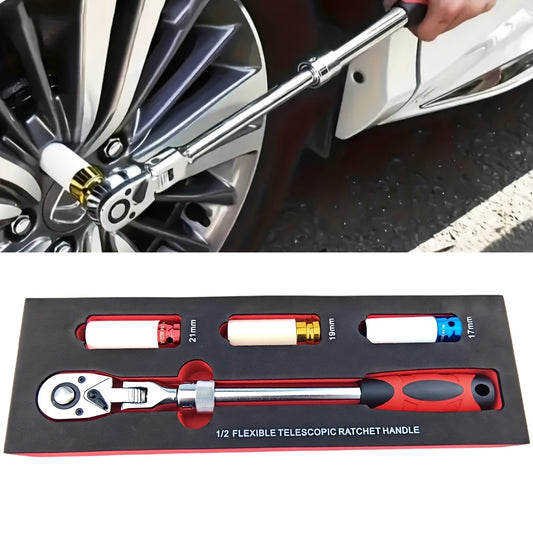 4pcs wheel hub protection hexagonal deep socket/ratchet wrench set, 1/2" drive, metric 17, 19, 21mm wheel guard six-point deep socket, 1/2" oscillating and telescopic ratchet wrench, automotive wheel hub nut tightening tool