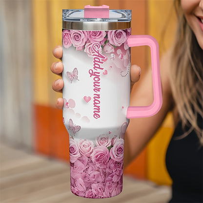 One Personalized 40Oz Tumbler Featuring a Lid And a Butterfly Design, Customized with a Name. This Stainless Steel Water Bottle Is Insulated And Built to Last, Making It a Perfect Gift for Various Occasions Such As Birthdays,
