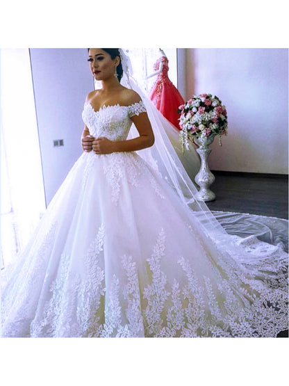 Sweep Train Wedding Dress | New White, Off the Shoulder, Fit and Flare, Elegant Style, Contrast Lace Detail, Perfect for Adult, Covering Belly for Pregnant Women