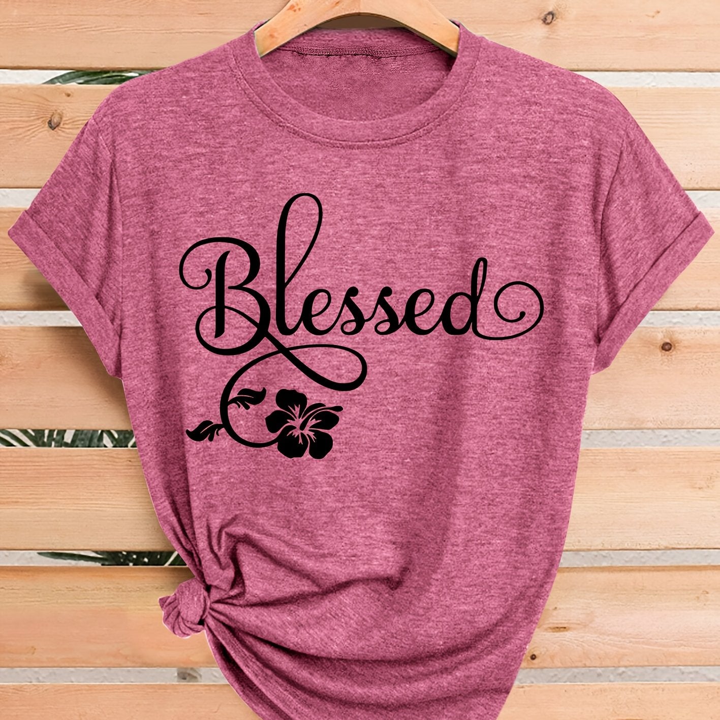 Women's Casual Short Sleeve T-Shirt - Blessed Floral Print Retro Style, Soft Stretch Round Neck Top, Machine Washable All-Season Comfort, Multi-Color Options S-XXL, Ladies T Shirts
