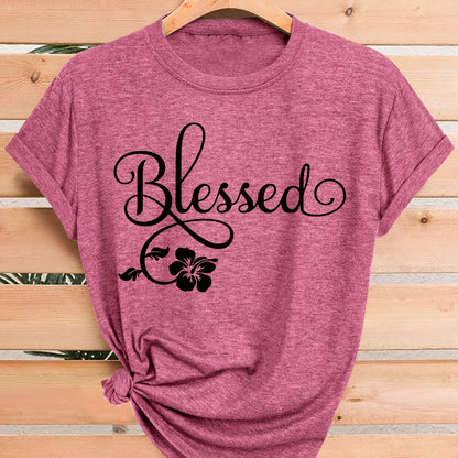 Women's Casual Short Sleeve T-Shirt - Blessed Floral Print Retro Style, Soft Stretch Round Neck Top, Machine Washable All-Season Comfort, Multi-Color Options S-XXL, Ladies T Shirts