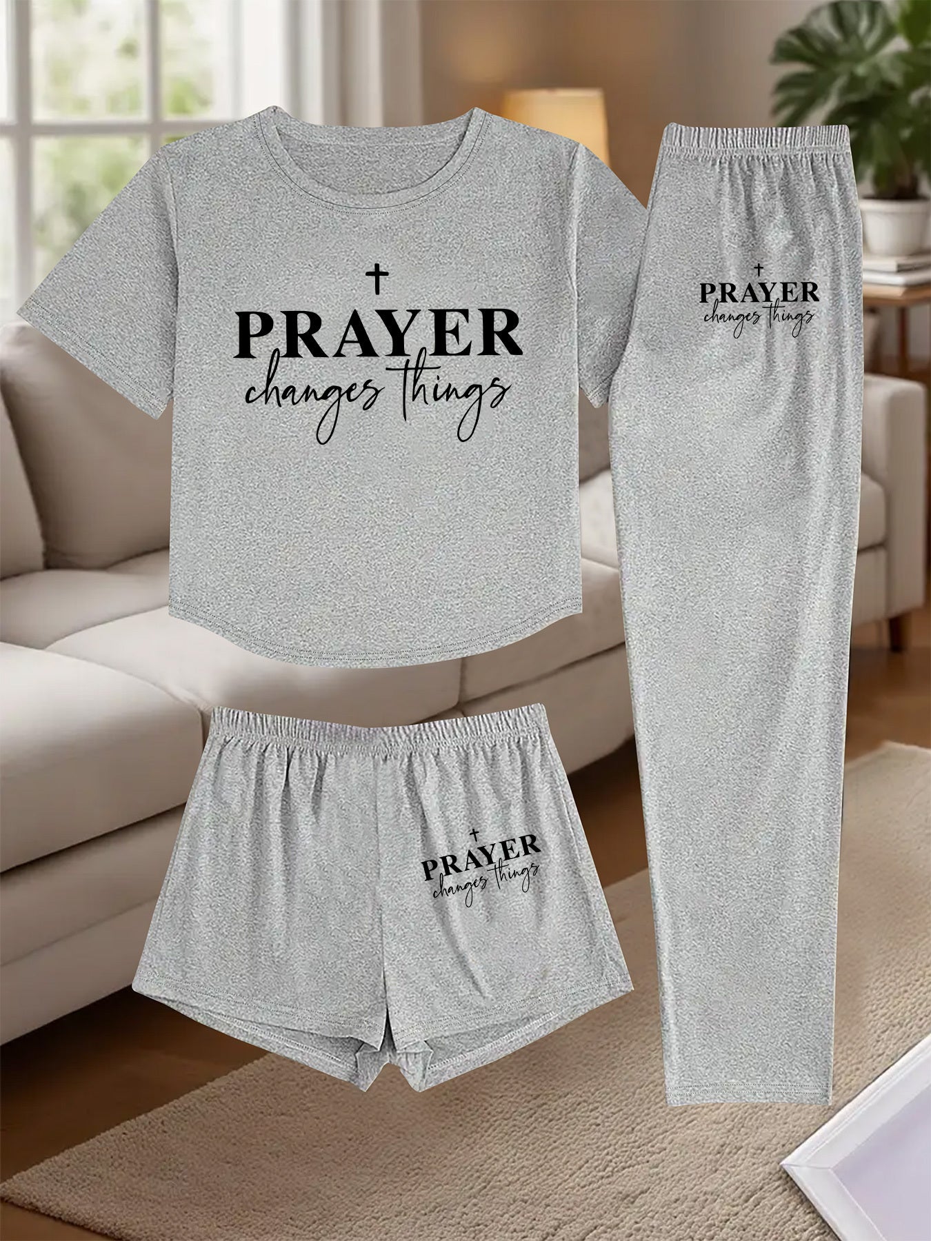 3pcs Women's Pajama Set - Faith Prayer Theme Sleepwear with Verse Print (Prayer Changes Things), Short Sleeve T-Shirt, Shorts & Lounge Pants - Breathable Pajamas for Bedtime, Church & Casual Attire - Machine Washable