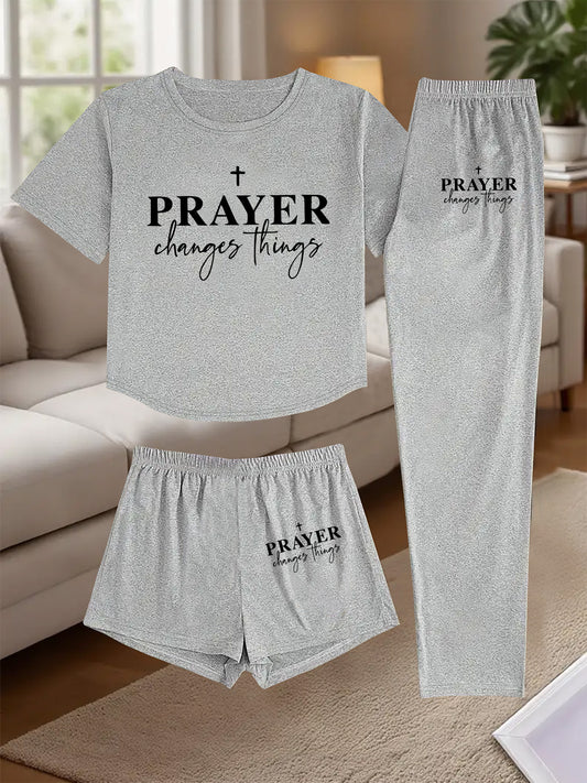 3pcs Women's Pajama Set - Faith Prayer Theme Sleepwear with Verse Print (Prayer Changes Things), Short Sleeve T-Shirt, Shorts & Lounge Pants - Breathable Pajamas for Bedtime, Church & Casual Attire - Machine Washable