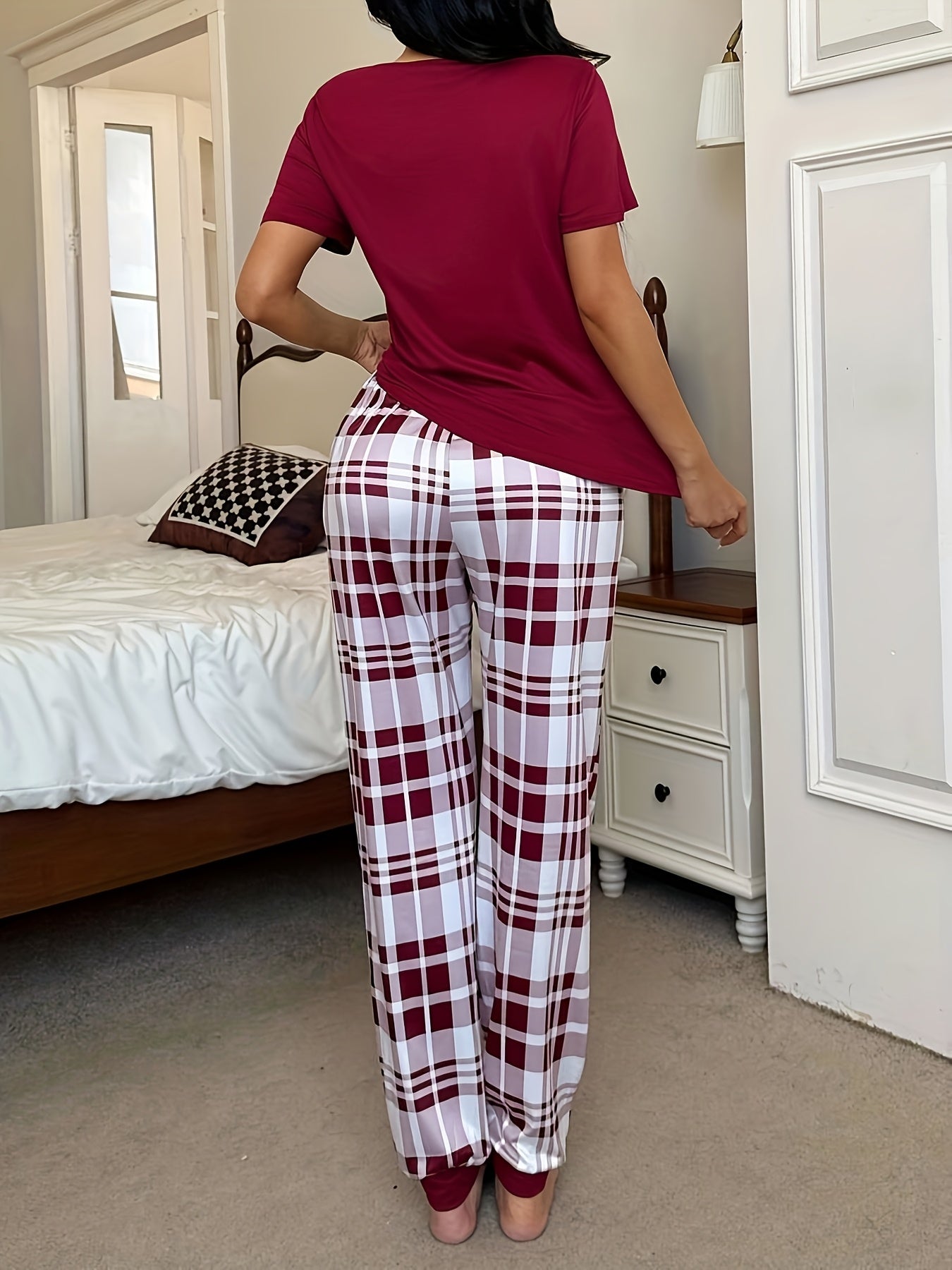 Women'S Red & Plaid Long Pajama Set - Cozy Fall Pajamas with Heart Pattern, Round Neck, Casual Style, All-Season Comfort, Perfect for Home Relaxation, Cozy Home Wear | Plaid Pajama Set | Comfortable Fit