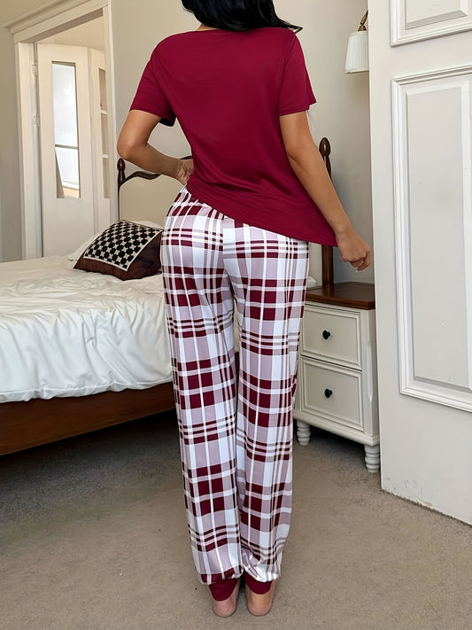 Women'S Red & Plaid Long Pajama Set - Cozy Fall Pajamas with Heart Pattern, Round Neck, Casual Style, All-Season Comfort, Perfect for Home Relaxation, Cozy Home Wear | Plaid Pajama Set | Comfortable Fit