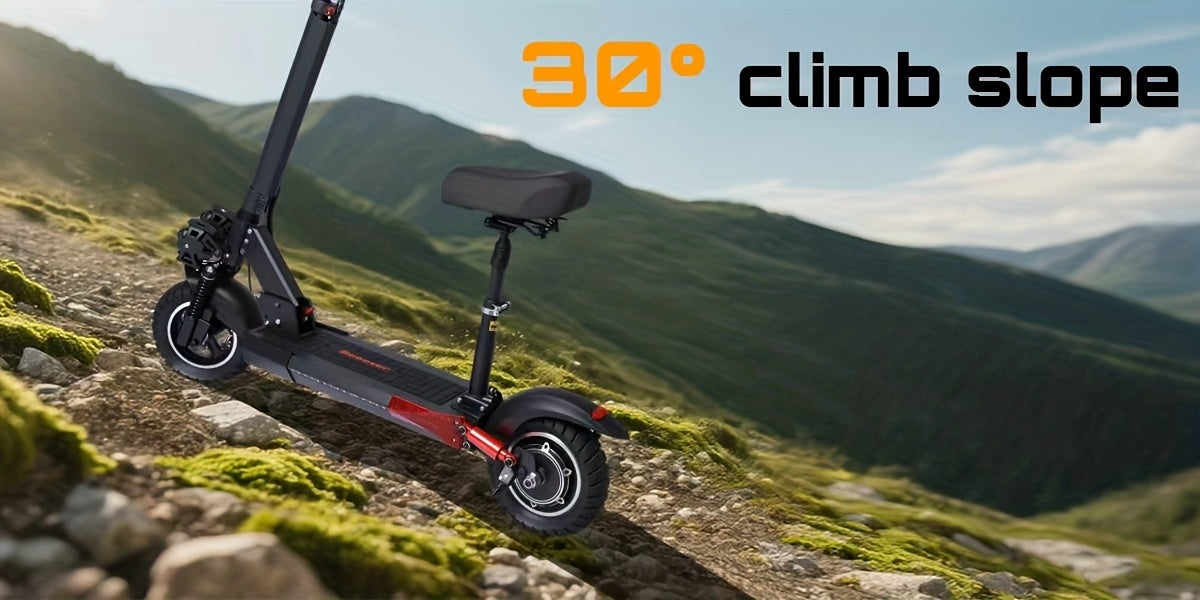 UNQYX Adult Folding Electric Scooter, Max Load 300 Lbs, High-power Motor, 48V 15Ah Battery, Range Of 28 Miles, Comfortable Seat, Capable Of Climbs 30-degree Inclines, 10-inch Off-road Tires And Dual Braking System, Portable C