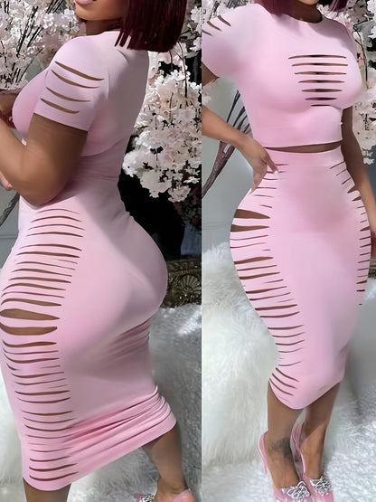 Summer Women'S European And American Fashion Round Neck Short Sleeve T-Shirt, Hip-Wrapping Midi Skirt, Ripped Sexy Set