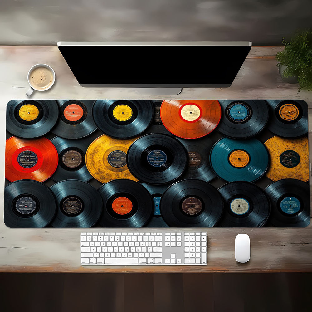 Large Music-Themed Vinyl Record Mouse Pad - Black, Yellow, Red & White Design with "Vinyl" Text, Non-Slip Rubber Base, Washable Polyester Surface, Perfect for Office, Home, Gaming & Study - Ideal Gift for Music Lovers, Music