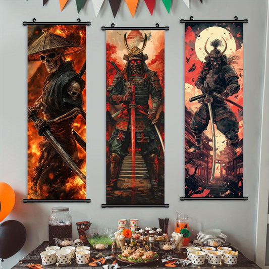 3pcs Exquisite Unframed Skeleton Samurai Painting, Art Deco Canvas Poster, Wall Art Home Living Room Decoration, Ideal Gift For Friend, Indoor/ Outdoor Decor, Ink Artwork, HD, Odorless, Fade Resistant High Quality Painting