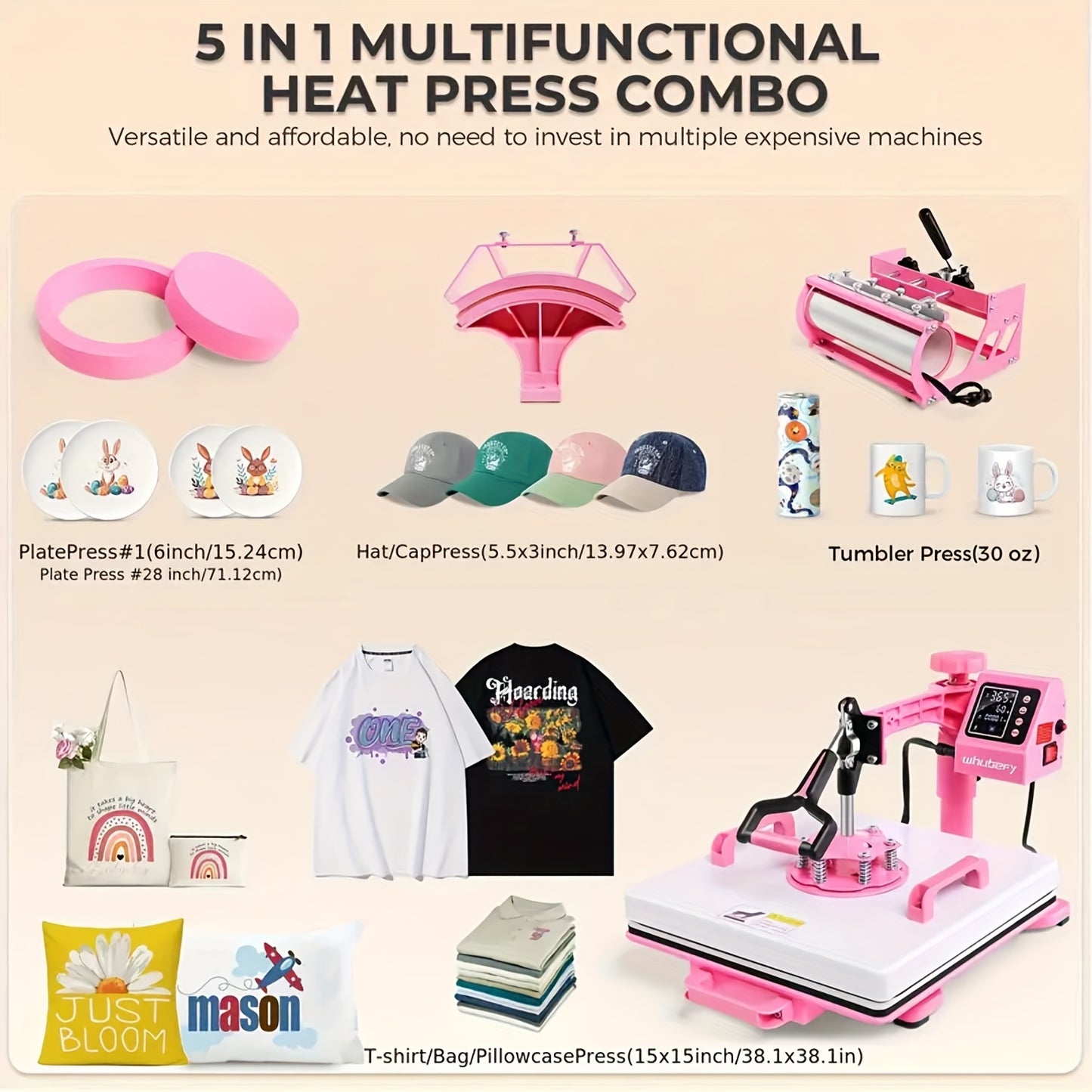 This Is a Versatile Heat Press Machine Combo Featuring an 8 in 1 And 5 in 1 Design, with Dimensions of 15"X15" And 15"X12". It Has a Rotatable Design And Is Suitable for Transferring Images Onto Various Items Such As T-Shirts