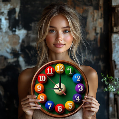 Non-Electric 2D Flat Billiard Theme Wooden Round Wall Clock, Farmhouse Style Home Decor, Suitable for Kitchen, Bedroom, Office, No Ticking Sound, Battery Not Included, St. Patrick's Day Mother's Day Gift, 9.8x9.8 Inches, 2D F