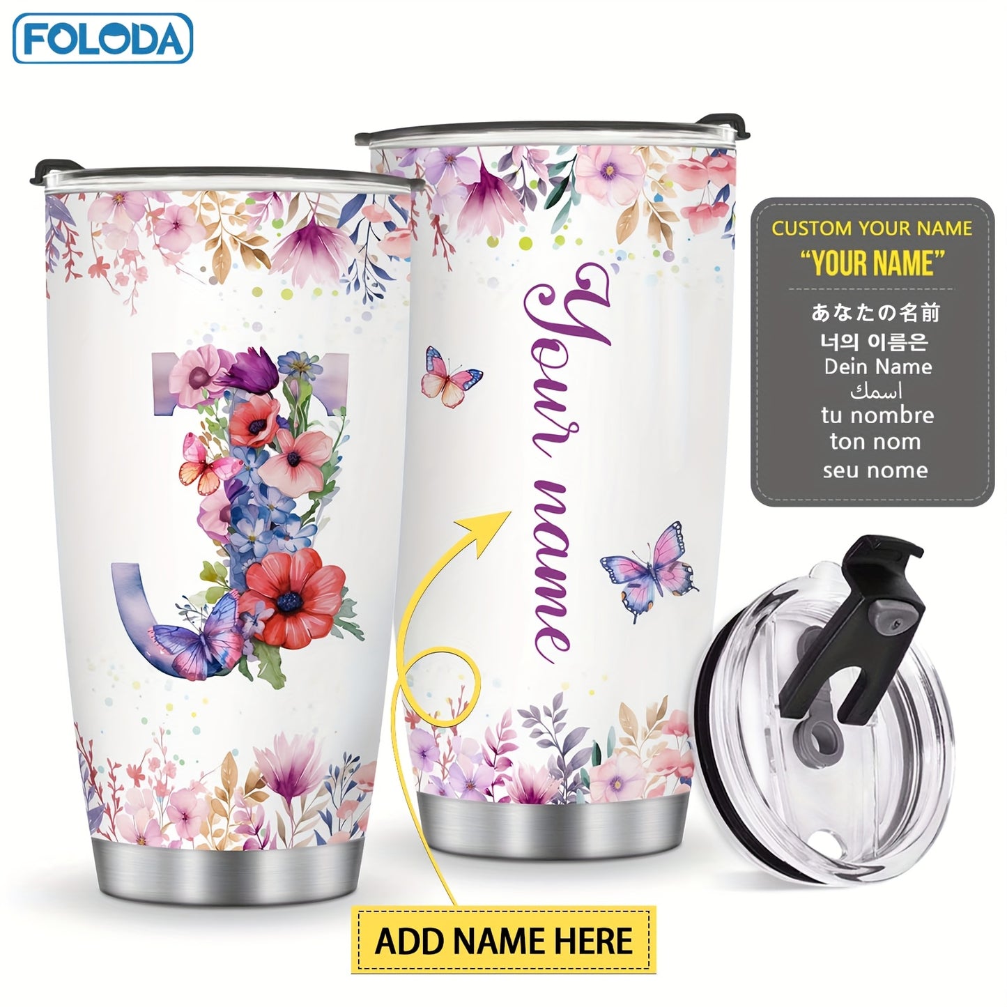 Foloda 1pc Personalized Flower Initials Tumbler Christmas Gift 20oz Mug with Letter Flower Butterfly, Travel Cup for Wedding Birthday Graduation Party, Birthday Valentine's Day Mother's Day Gifts Stainless Steel Mug with Lid