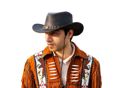 Black Genuine Leather Cowboy Western Hat for Men & Women – Classic Outdoor Ranch Style, Durable Wide-Brim Design for Horseback Riding, Country Events, Travel, Festivals & Daily Wear – Perfect Gift for Winter Season, Chris