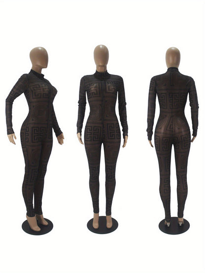 Women's Sexy One-Piece Outfit - Non-Transparent Long Sleeve Jumpsuit, Machine Washable Party & Everyday Jumpsuit for Women (S-XXL) - D9459