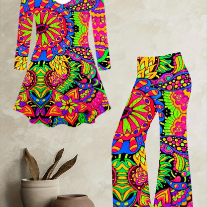 Women's Artistic Paisley-Print Flared Culotte Pantsuit - Multicolor (Pink/Yellow/Green/Blue/Purple) A-Line Asymmetrical Hem Jumpsuit, Casual to Dressy Outfits, All-Season Wear, Round Neck Long Sleeve Matching Set