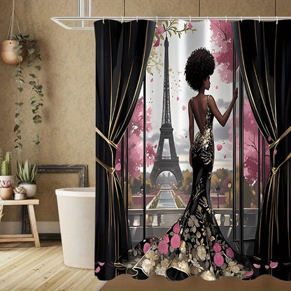 2D 1pc/4pcs Featuring The Eiffel Tower Design, Suitable for Apartment Bathrooms And Shower Rooms, Includes a Hotel Shower Curtain Set with 12 Hooks, a Bathroom Mat, a Toilet Seat Cover, And a U-Shaped Mat, All As Part of The