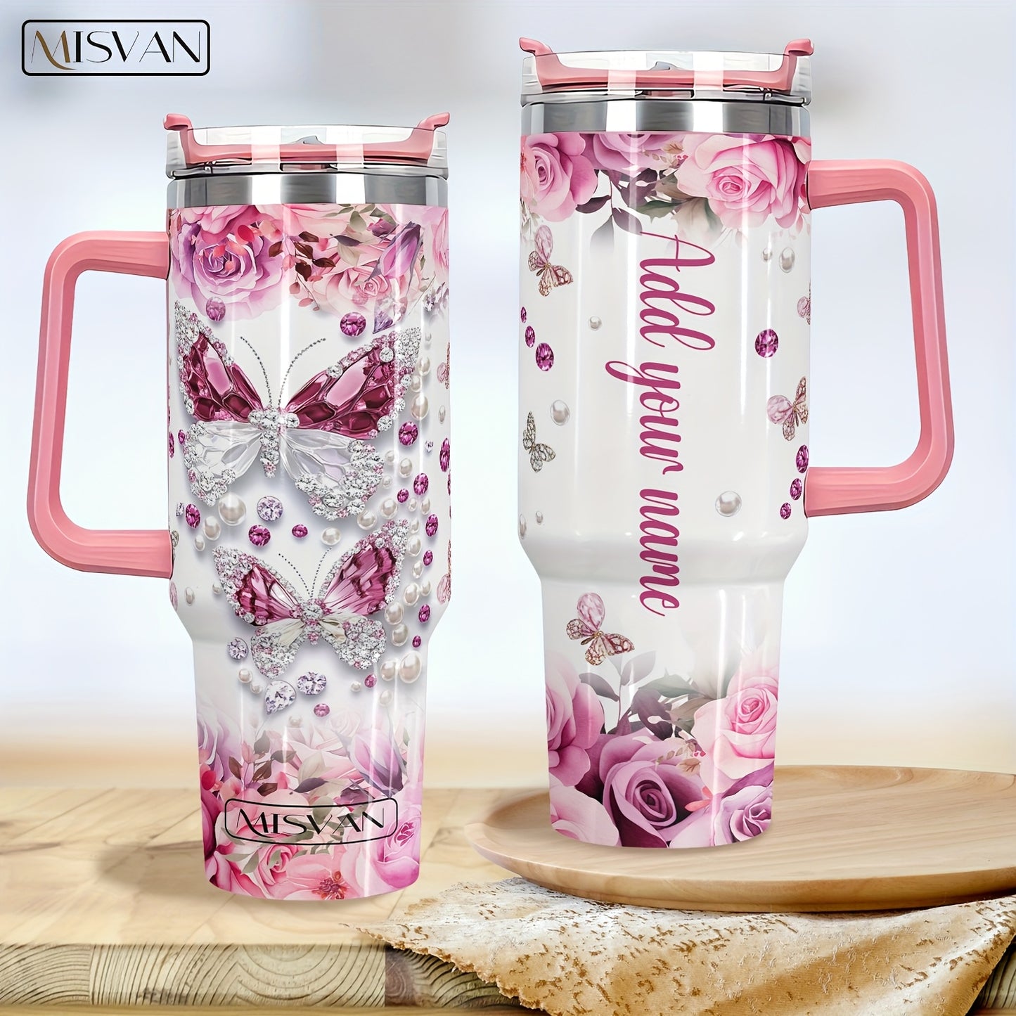 1pc Customized Name Stainless Steel Tumbler | 20oz/22oz/40oz Insulated Water with Lid, Reusable, Round Shape, 304 Stainless Steel, Ideal for Easter, Thanksgiving, Father'S Day, Mother'S Day, Graduation, White Diamond Butterfl