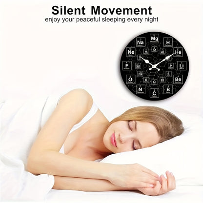 1pc Round Clock, Periodic Table Chemical Symbol Wall Clock, Silent Quartz Round Wooden Clock, Suitable for Bedroom Living Room Office Kitchen Bathroom, Battery Powered (Battery Not Included)