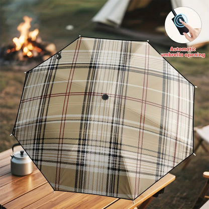 1pc Automatic Open/Close Blocking Umbrella with One-Touch Button, Beige Plaid Checkered Canopy, 10-Rib-like (8-Rib) Frame, Windproof & Portable Compact Travel Umbrella for s, Hiking, Beach, Commuting,  or