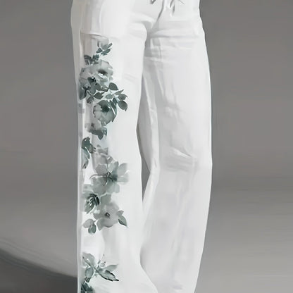 Women's Clothing - Floral Print Wide Leg Pants - Casual Loose Pants For Spring & Fall