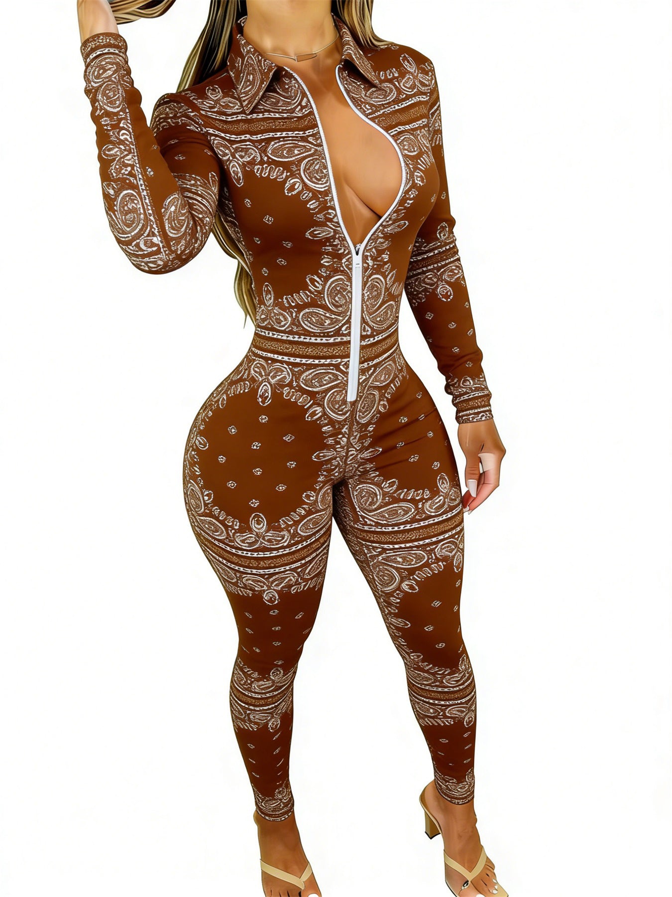 Brown Women's Long Sleeve Jumpsuit with Paisley Print - Slim Fit, Stylish & Sexy for Dates, Parties & Daily Outings, Sizes 2XS-2XL