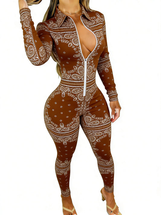 Brown Women's Long Sleeve Jumpsuit with Paisley Print - Slim Fit, Stylish & Sexy for Dates, Parties & Daily Outings, Sizes 2XS-2XL