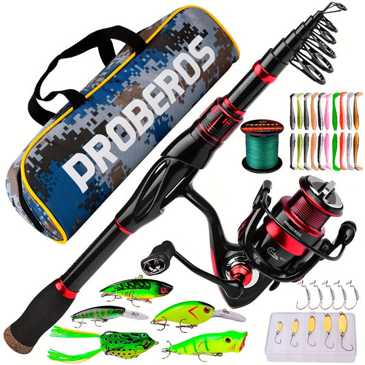 Proberos Carbon Fiber Telescopic Fishing Rod and Reel Combo - Ambidextrous Medium Action Spinning Reel with 2000 Series, Freshwater Bass Fishing Kit for Thanksgiving, Christmas, Father's Day, Fishing Gear
