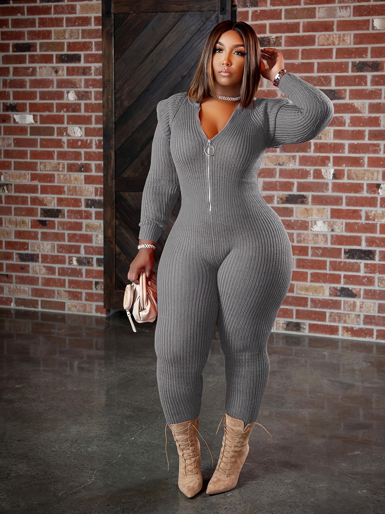 Plus Size - HERTALK Women'S Fashion Jumpsuit with Shoulder Pads for Autumn And Winter