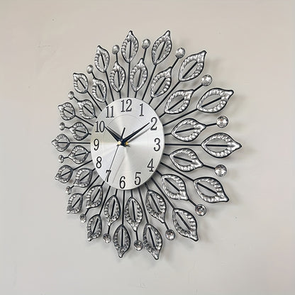 1pc silent decorative wall clock, 15.35 inch black metal material, with easy to read numbers, acrylic leaf rhinestones design, suitable for multiple places such as living room and bedroom, and a new house gift, Living Room Wa