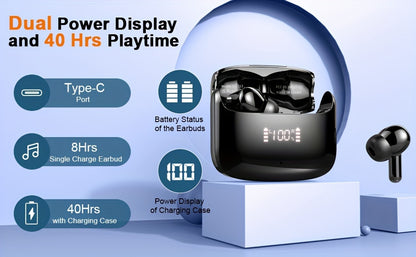 Wireless Earbud, Wireless Headphones 5.3 Stereo Bass Earphones, Ear Buds 40H Dual Mic Call, Earbud in-Ear USB-C LED Display Sport Headset