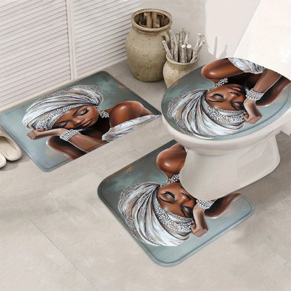 4pcs Sexy Woman Shower Curtain Set with frican Woman Portrait ( & Beaded Headwrap) - Elegant Bathroom Decor, Toilet Mat & 12 Free Hooks Included, Luxury Bath ccessories for Spa-Like Homes, Housewarming Gift for Women, Shower