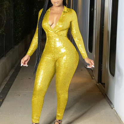 European And American Women'S Metallic Texture Light Mature Deep V-neck Long Sleeved Tight Jumpsuit