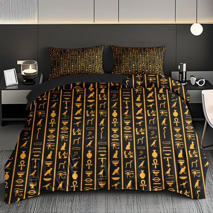 3pcs Egyptian Hieroglyphs Duvet Cover Set - Soft High-Definition Digital Print, Black And Golden Design, Breathable 100% Polyester, All-Season Use, Perfect Gift for Family And Friends, Machine Washable (1 Duvet Cover + 2 Pill