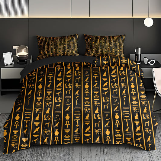 3pcs Egyptian Hieroglyphs Duvet Cover Set - Soft High-Definition Digital Print, Black And Golden Design, Breathable 100% Polyester, All-Season Use, Perfect Gift for Family And Friends, Machine Washable (1 Duvet Cover + 2 Pill