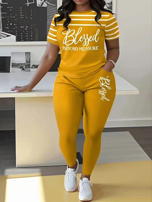 Women'S Casual Short Sleeve Long Pants Set, Fashionable Striped Blessing Print with Pockets