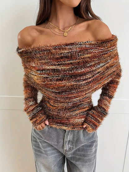 Elegant Long-Sleeve T-Shirt for Women with Off-Shoulder Design And Pleated Details, Perfect for Autumn And Winter Outings.