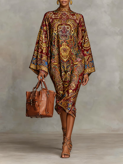 Women's Winter Dress - Vintage High Neck Long Sleeve Midi Length Dress with Mysterious Print, Loose Fit Commuter Style, Machine Washable Elegant Outerwear for, & Semi-Formal Events (Non-)