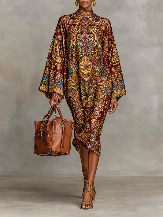 Women's Winter Dress - Vintage High Neck Long Sleeve Midi Length Dress with Mysterious Print, Loose Fit Commuter Style, Machine Washable Elegant Outerwear for, & Semi-Formal Events (Non-)