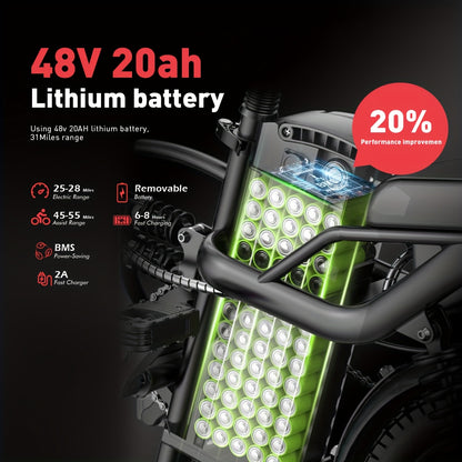 Discover Without Limits: 700W Collapsible Electric Bicycle for Grown-Ups. Reach Speeds of 20MPH And Travel Up to 35 Miles on a 48V Battery. Conquer 25° Inclines, Support Up to 385 Pounds, And Enjoy a Comfortable Ride with Ef