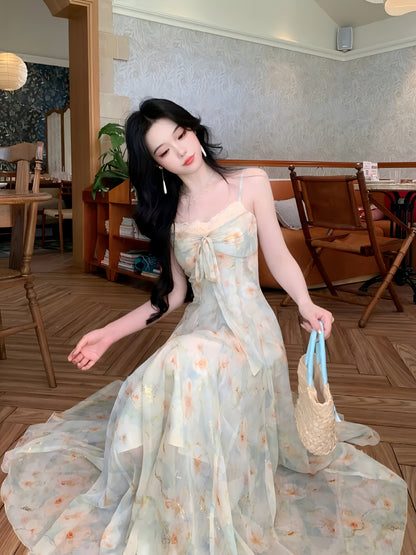 New French Floral Spaghetti Suspender Dress - Soft-Style Tea Dress, Women's Fresh Floral Waist-Tied Golden-Stamped Bow Spaghetti Suspender Dress