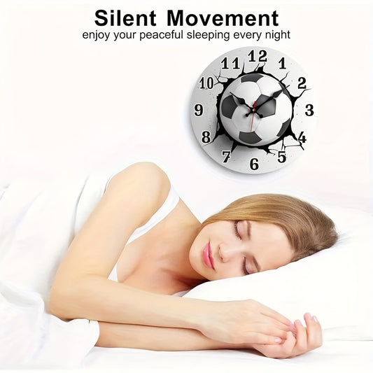 [Silent Soccer Clock] Stylish Silent Soccer Ball Wall Clock, 1pc | Round Wooden Quartz Movement, Ideal for Bedroom, Living Room, Office, Kitchen, Bathroom Decor - Battery Operated (AA Battery Not Included)