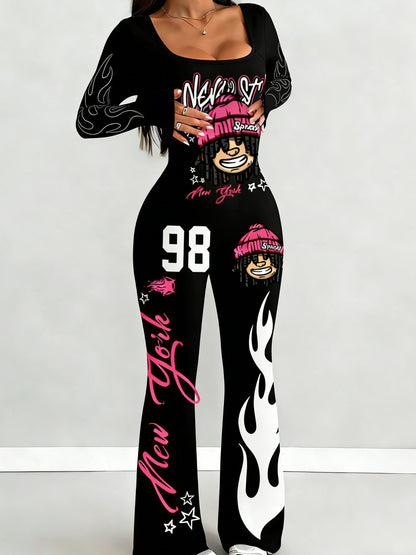 Women'S Jumpsuit | Sexy Hot Outfit, Loose U-Neck Cut, Slim Fit, Black Base Cartoon Print, Long Sleeve Design, Flared Leg Style, Suitable for Outdoor, Versatile Use, Fits Multiple Occasions, Elastic Fabric